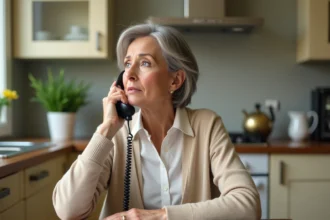 Femme senior téléphonant à la CNAV pour corriger son relevé de carrière depuis sa cuisine