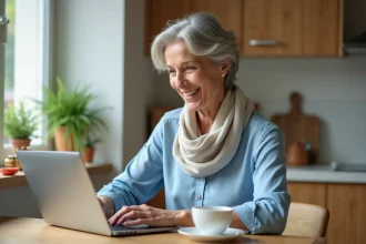 Femme souriante en cuisine utilisant un ordinateur portable