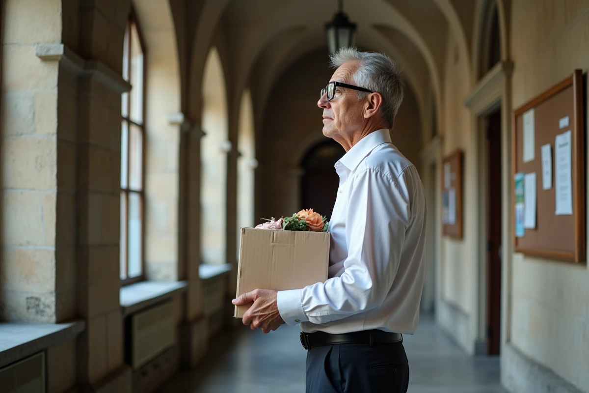 Fonctionnaire masculin quittant la mairie avec ses affaires personnelles le jour de sa retraite