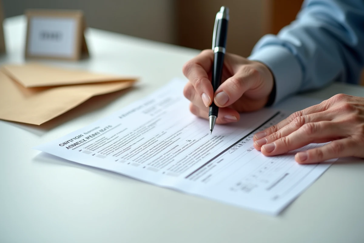 Mains d'un retraité remplissant un formulaire de contestation de pension Agirc-Arrco