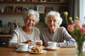 Une grand-mère et sa petite fille partageant un thé