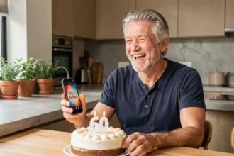 Grand-père de 60 ans souriant avec un smartphone affichant un message d'anniversaire humoristique, assis devant un gâteau d'anniversaire dans une cuisine moderne