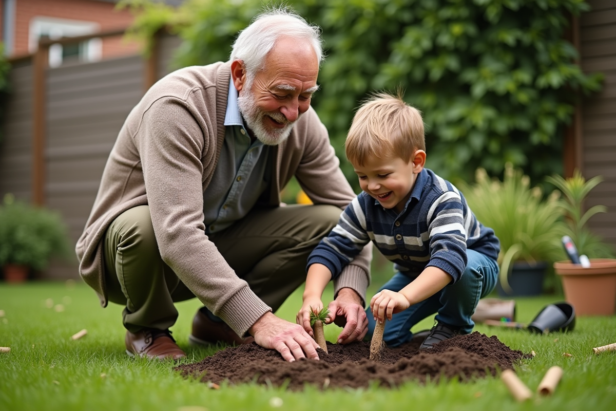 Un grand-pere et son petit-fils plantant des fleurs dans le jardin