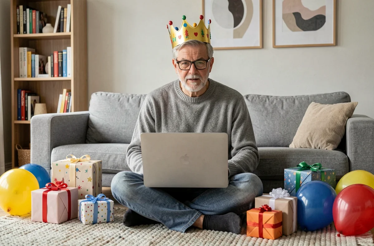 Grand-père moderne de 60 ans avec couronne d'anniversaire en appel vidéo sur un canapé entouré de cadeaux et ballons colorés