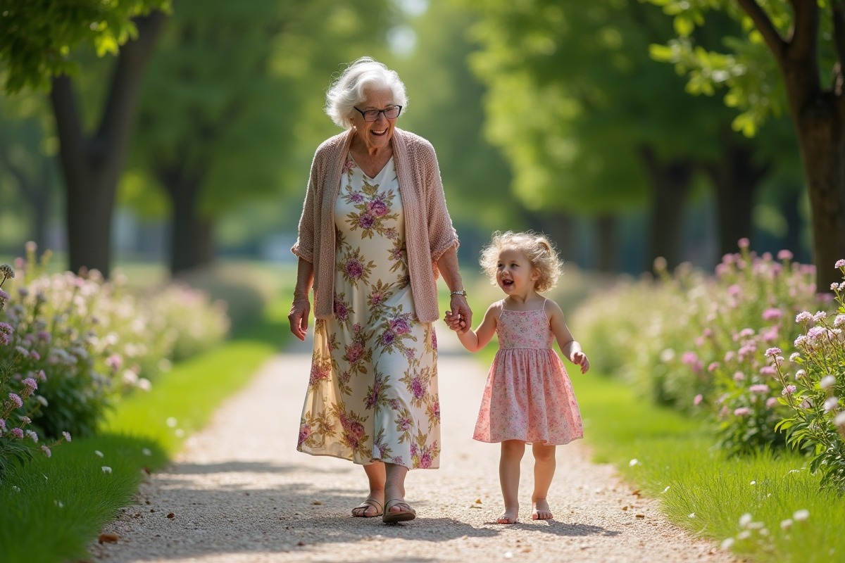 Grand-mère souriante avec sa petite fille dans un parc verdoyant