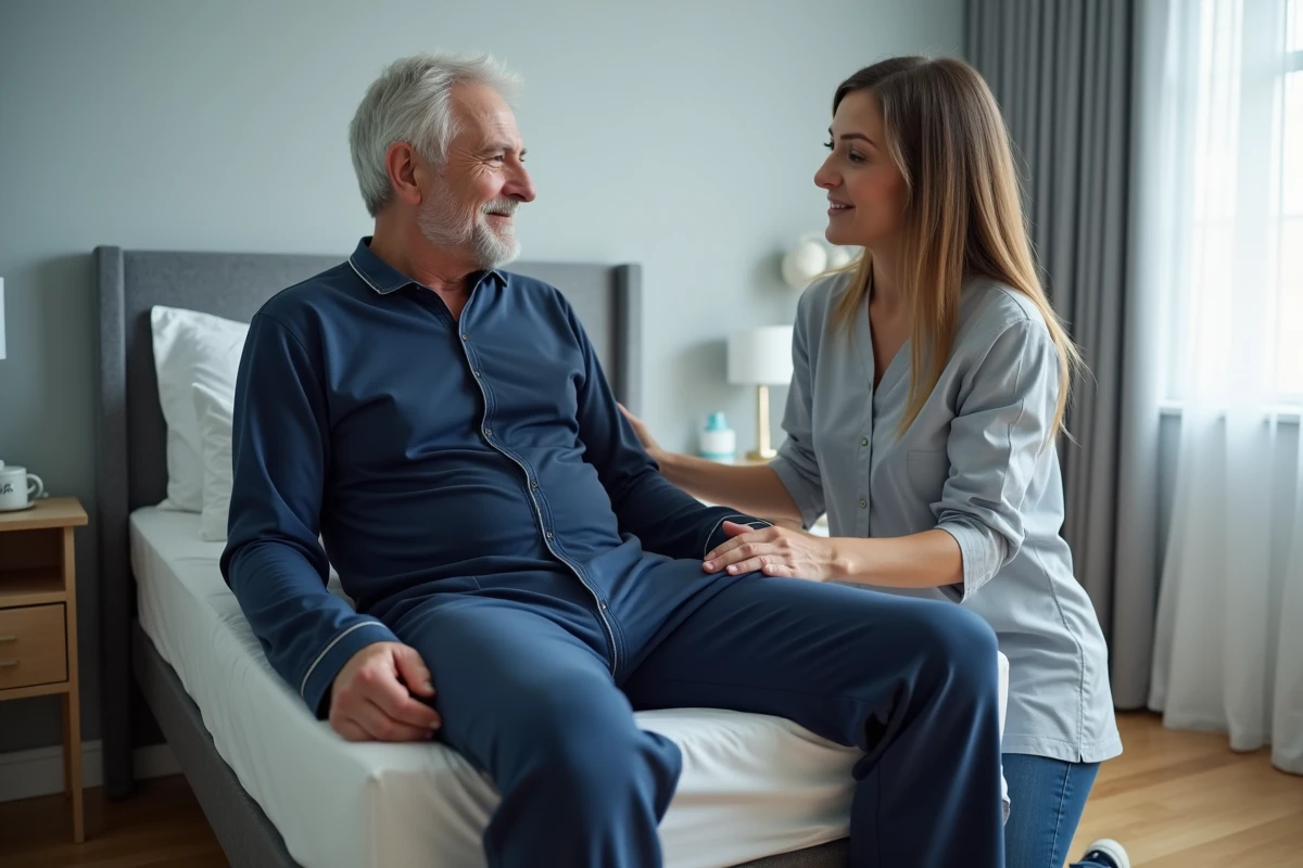 Homme senior en grenouillère adaptive à fermeture éclair assisté par une aidante familiale dans une chambre de soins à domicile