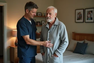 Aidant professionnel aidant un homme âgé à enfiler une grenouillère pour adulte à boutons-pression, dans une chambre chaleureuse et adaptée