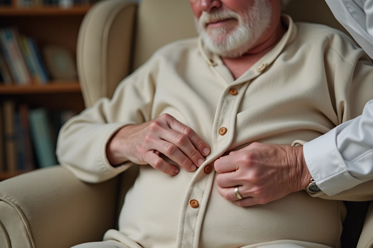 Gros plan sur la fermeture à boutons-pression d'une grenouillère pour adulte homme, facilitant l'habillage par un aidant