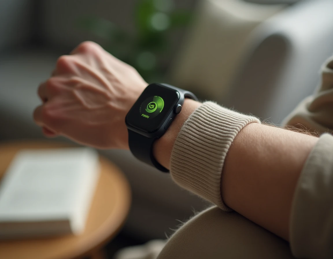 Gros plan sur une montre connectée au poignet d'une personne âgée affichant les données de santé et d'autonomie