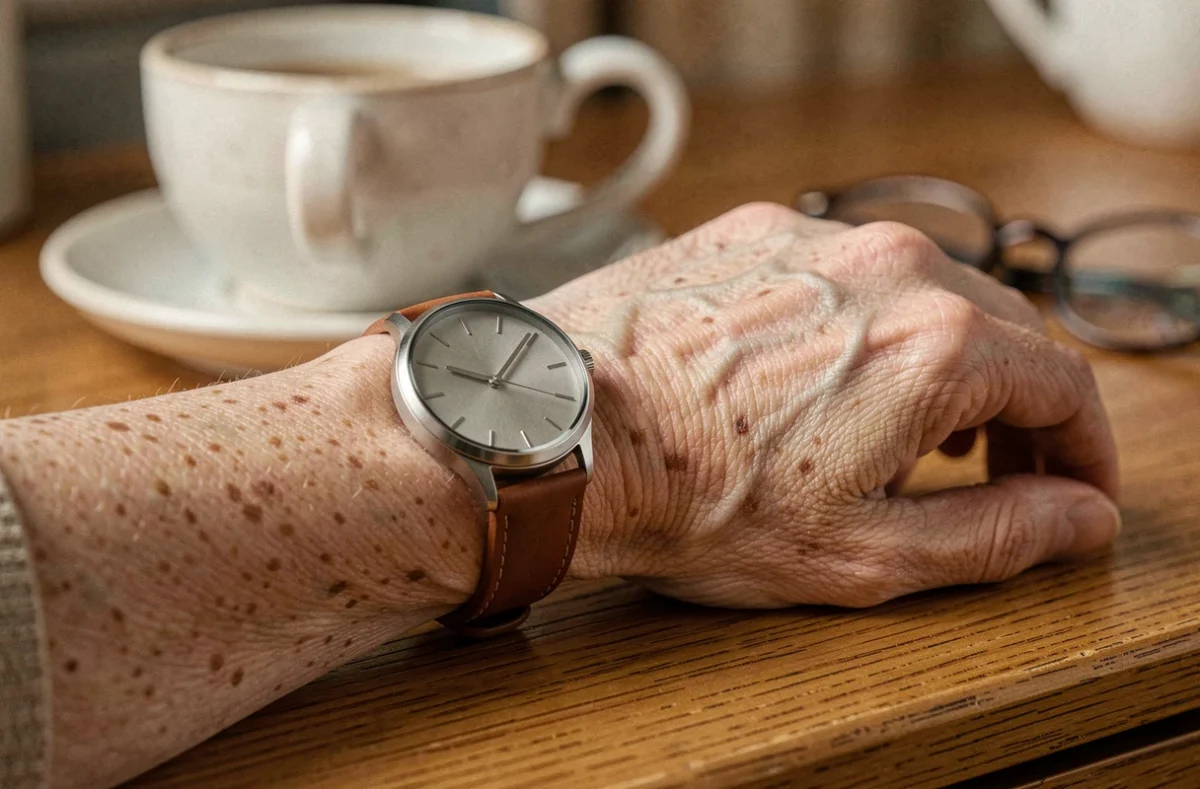 Gros plan d'une montre élégante et connectée au poignet d'une personne âgée