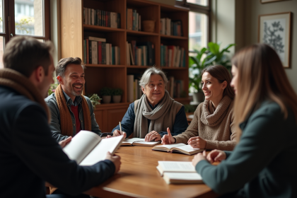 Groupe de personnes discutant autour d'une table dans une bibliothèque chaleureuse