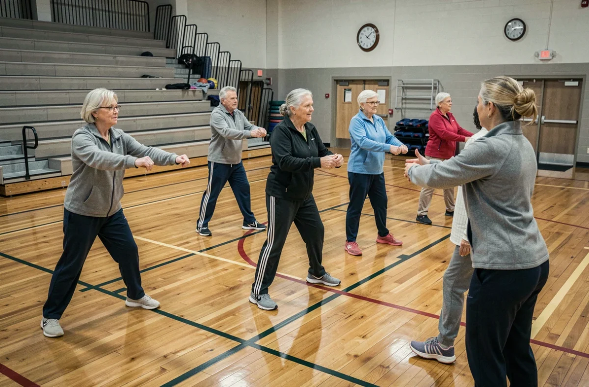 Groupe de seniors faisant de la gymnastique douce dans un gymnase municipal, activité sportive économique proposée par un club pour retraités
