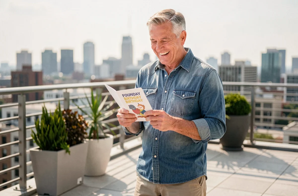 Homme de 60 ans moderne riant en lisant une carte d'anniversaire humoristique sur une terrasse urbaine contemporaine