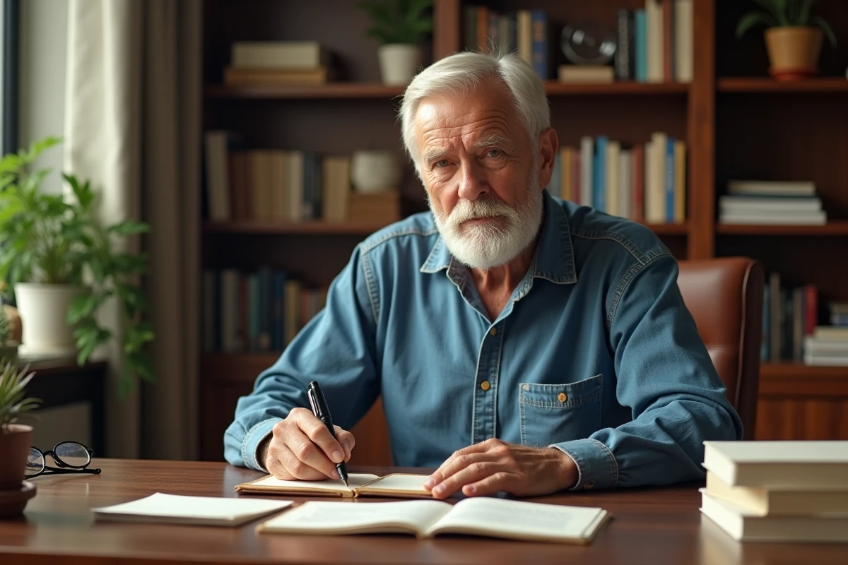 Homme de 70 ans écrivant des voeux d'anniversaire à la plume dans un journal en cuir sur un bureau vintage