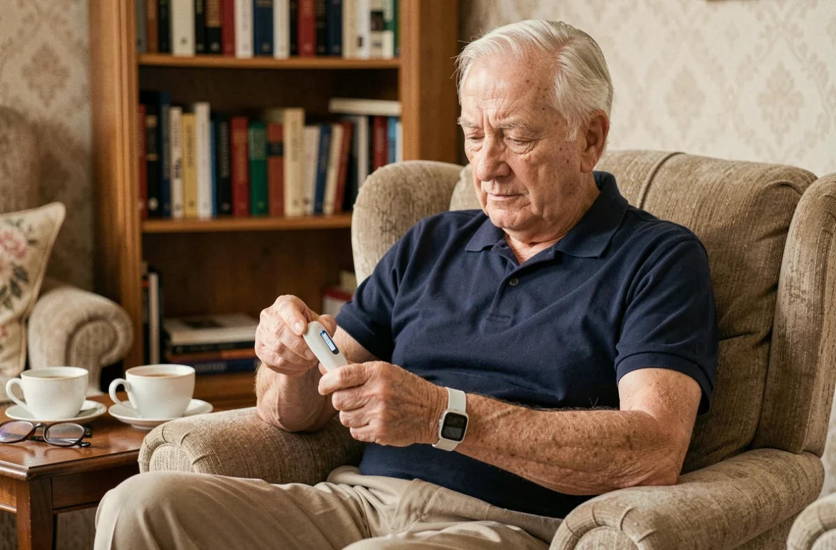 Homme âgé examinant un bracelet de téléassistance senior à domicile, comparant les options et réductions fiscales disponibles en 2026