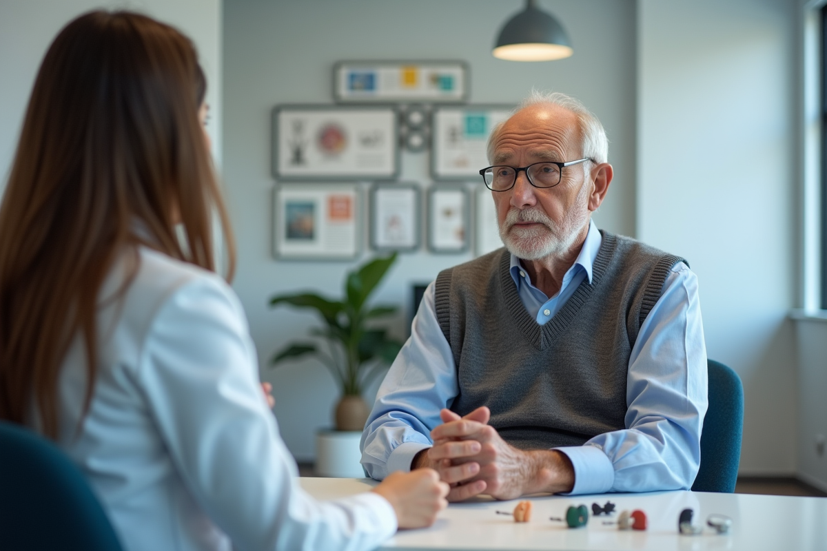Homme en discussion avec un audiologiste dans un cabinet moderne