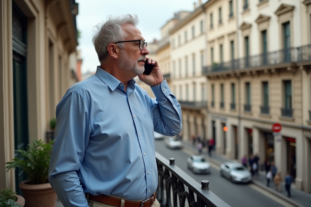 Homme d age moyen téléphone regard contemplatif ville