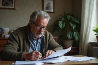 Homme d'âge moyen réfléchissant à des documents dans son appartement