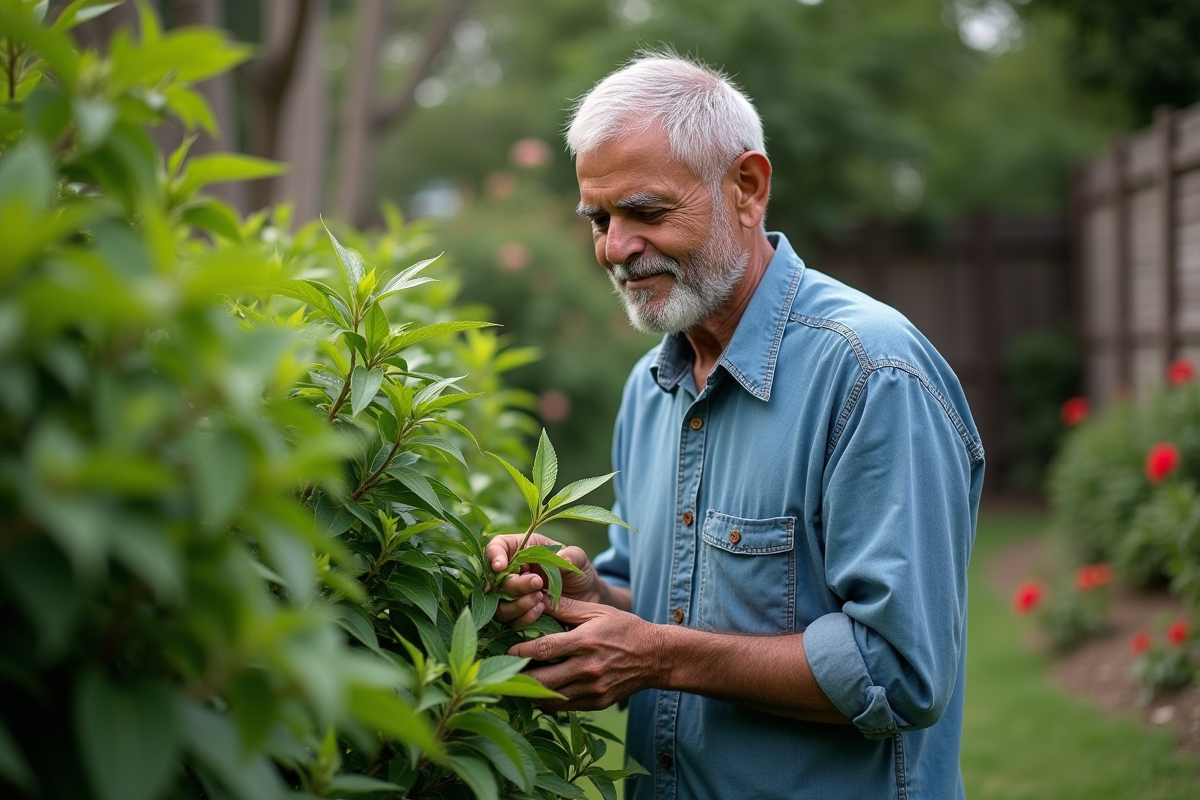 Homme récoltant des feuilles de curry dans son jardin