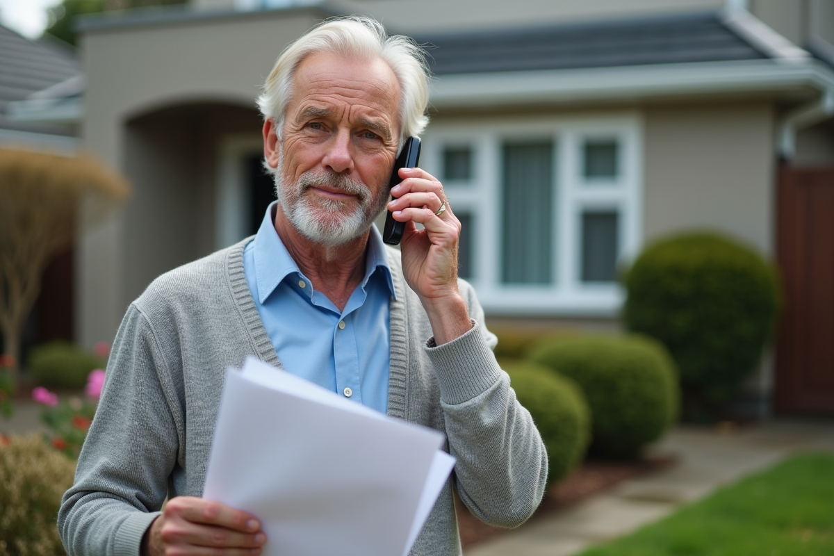 Homme de 60 ans parlant au téléphone devant sa maison