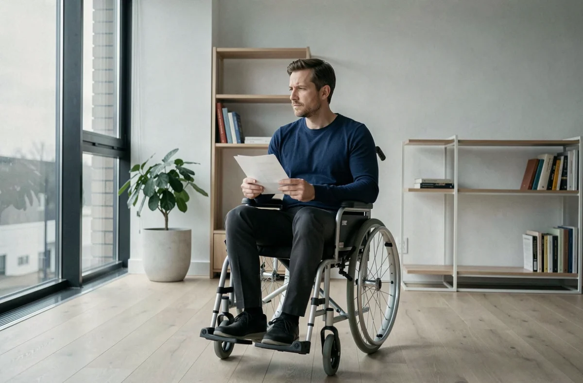 Homme en fauteuil roulant tenant un courrier officiel concernant l'allocation adulte handicapé dans son salon