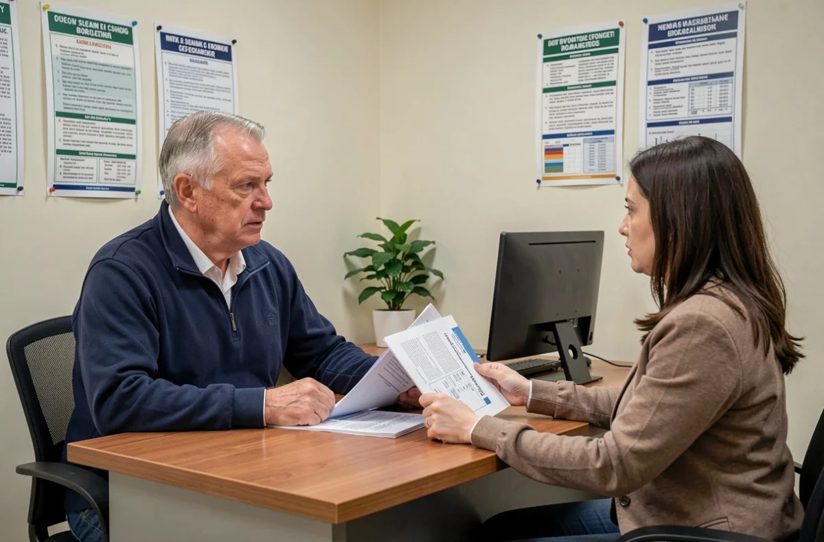 Homme handicapé discutant de sa pension d'invalidité avec une assistante sociale dans un bureau administratif, dans le contexte de la revalorisation d'avril 2026