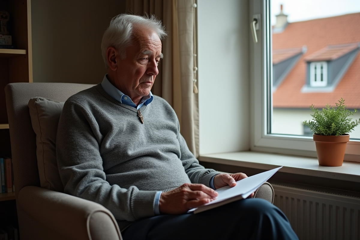Homme âgé tenant une lettre dans un salon chaleureux