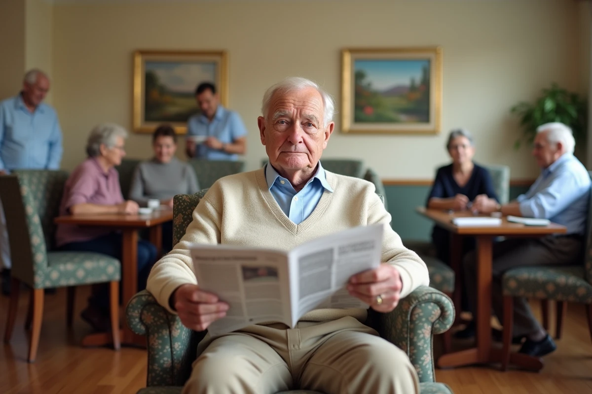 Homme âgé lisant un journal dans un espace commun