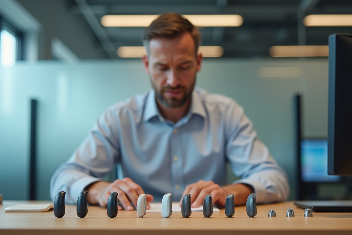 Homme d age moyen examinant des appareils auditifs au bureau