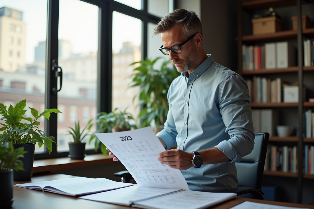 Homme en bureau organisant un calendrier 2025 avec des feuilles