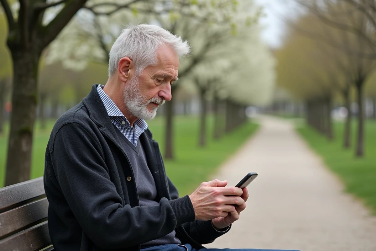 Homme âgé regardant son smartphone dans un parc