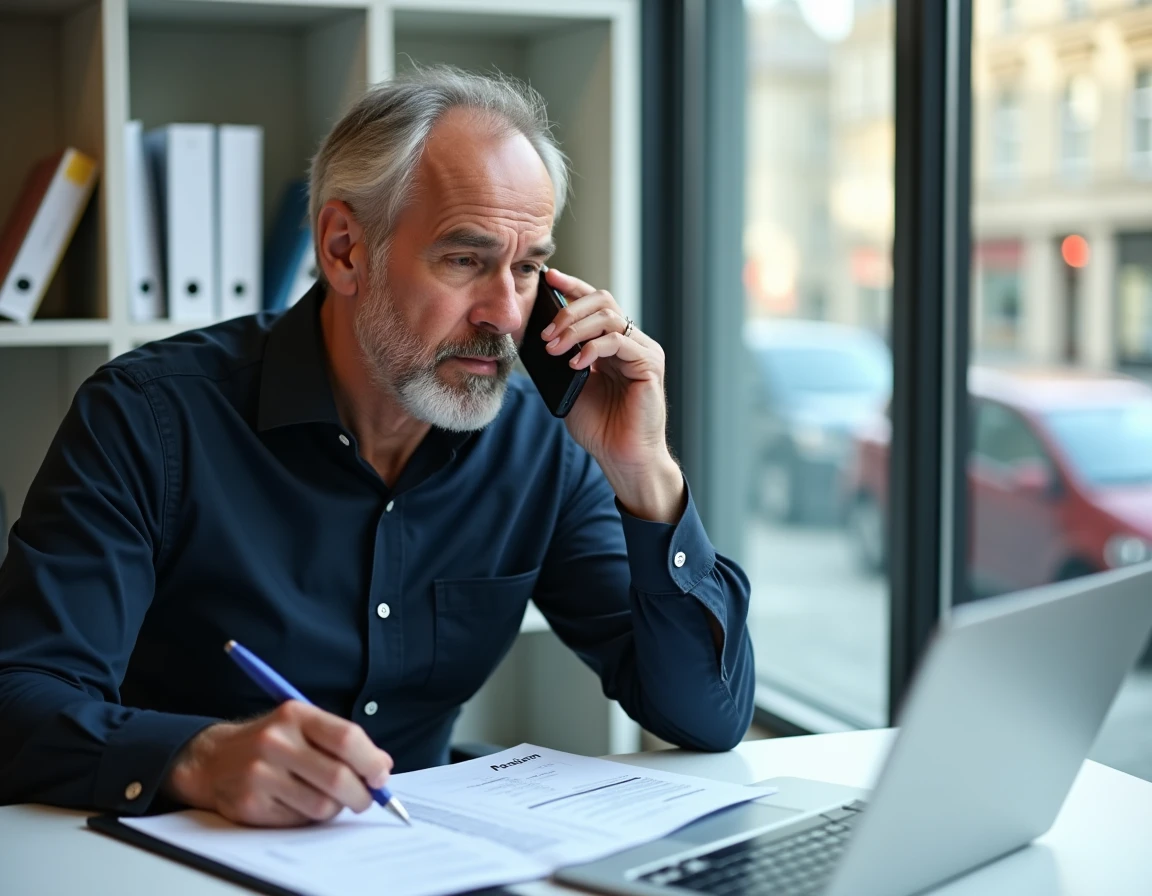 Homme retraité consultant ses documents de carrière au téléphone avec la CNAV dans son bureau