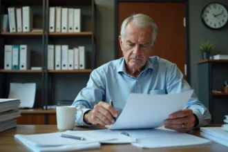 Homme d'âge moyen analysant des papiers de retraite au bureau