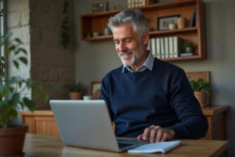 Homme d'âge moyen travaillant sur son ordinateur à domicile