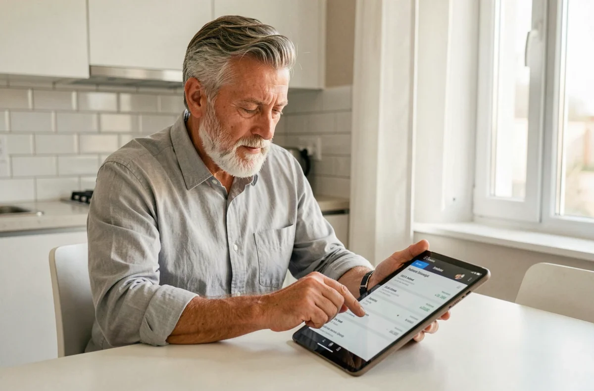 Homme retraité consultant son espace personnel Carsat sur tablette dans sa cuisine