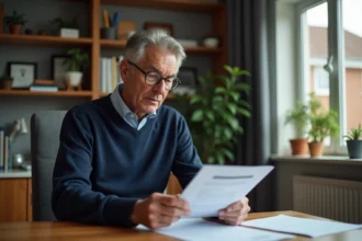 Homme d age en revue de pensions dans un bureau à domicile
