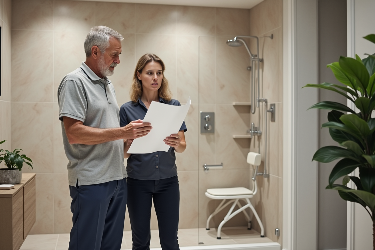 Homme senior discutant avec une designer dans une salle de bain