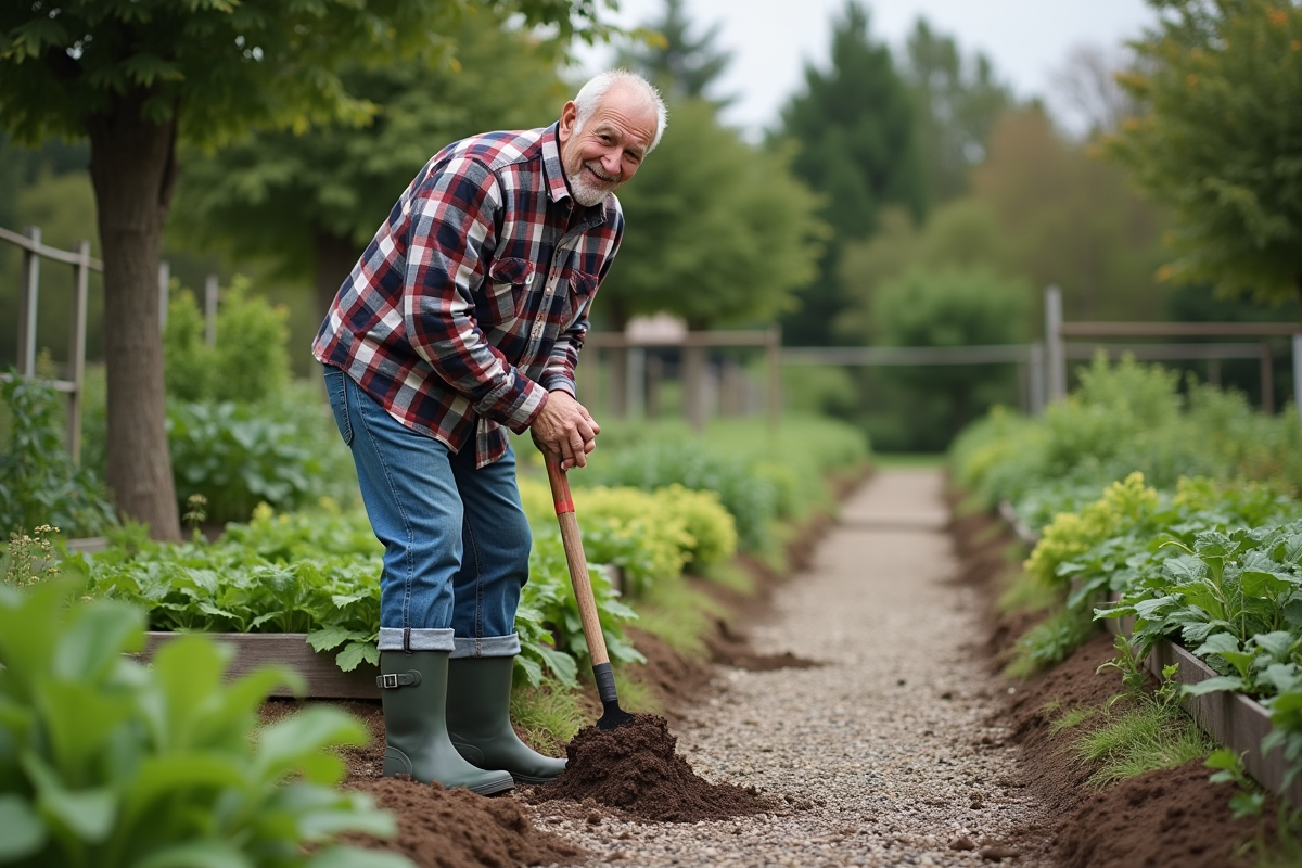 Homme âgé en jardin communautaire en train de désherber