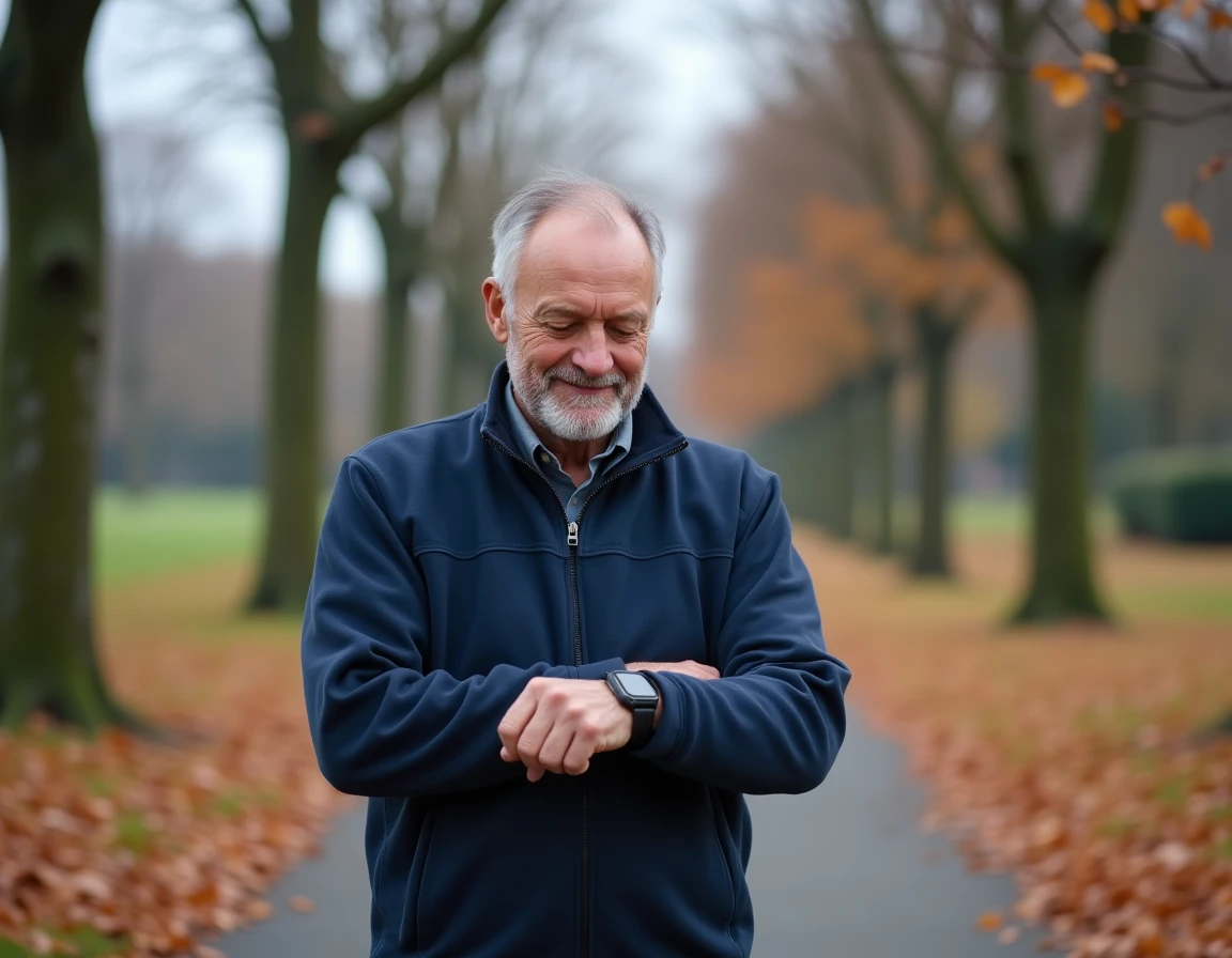 Homme âgé vérifiant l'autonomie de sa montre connectée lors d'une promenade en parc en automne