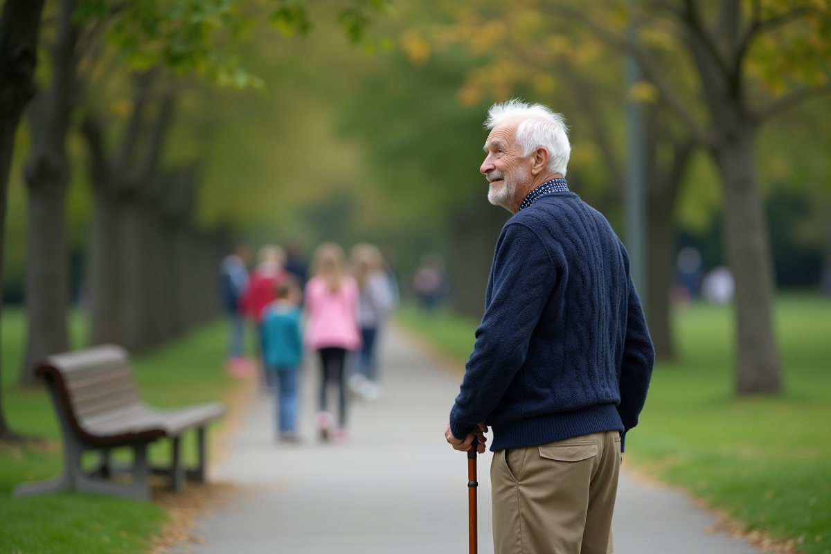 Homme âgé dans un parc regardant des enfants jouer