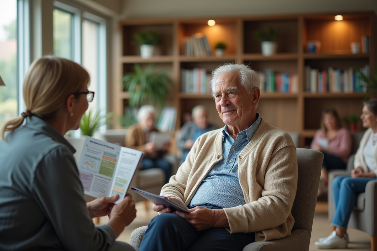 Homme senior discutant avec une assistante dans un salon moderne