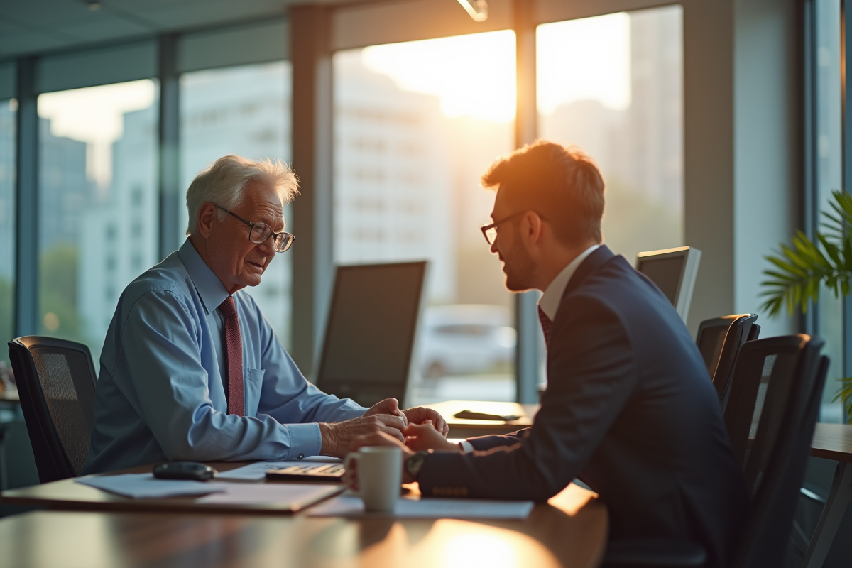 Homme senior parlant avec un conseiller dans un bureau moderne