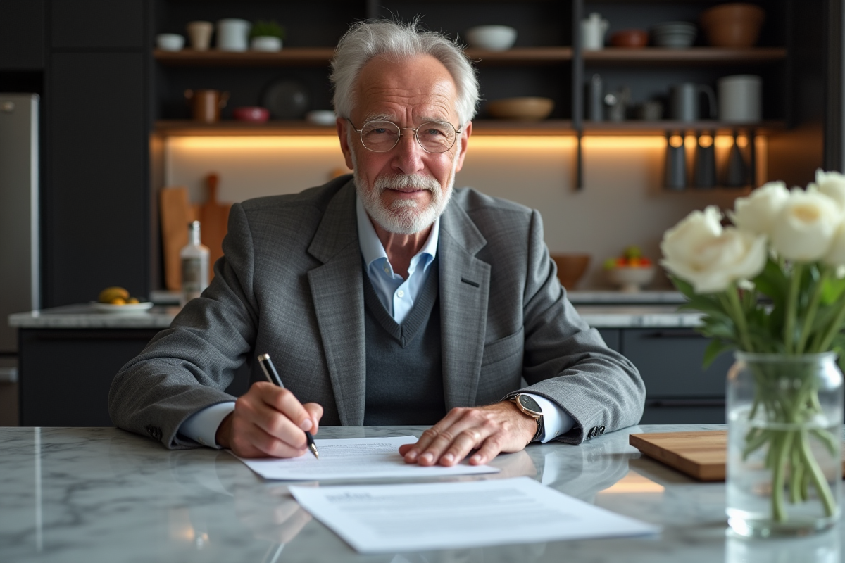 Homme français signant un testament dans une cuisine moderne
