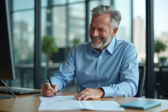 Homme d'âge moyen signant une lettre de retraite dans un bureau moderne
