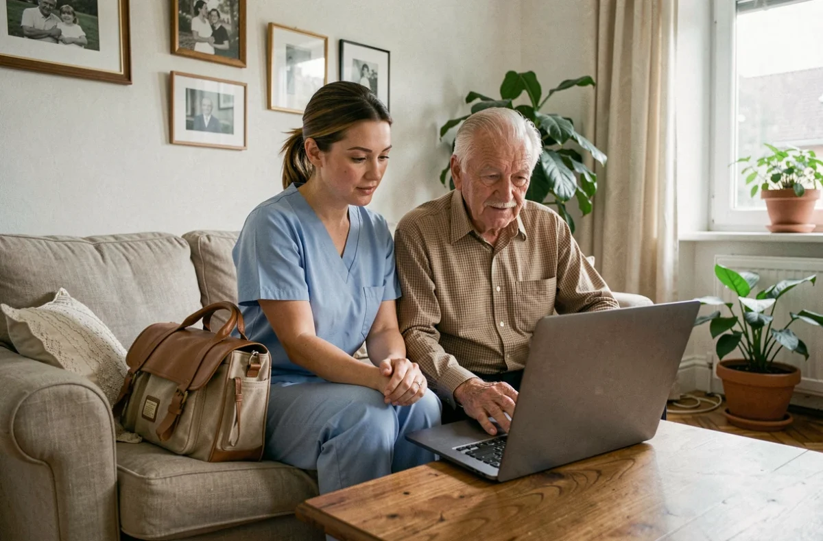 Infirmière à domicile et patient senior consultant ensemble un logiciel de coordination de soins sur ordinateur
