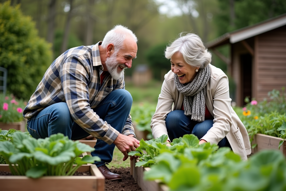 Couple retraité jardinant ensemble dans leur jardin verdoyant