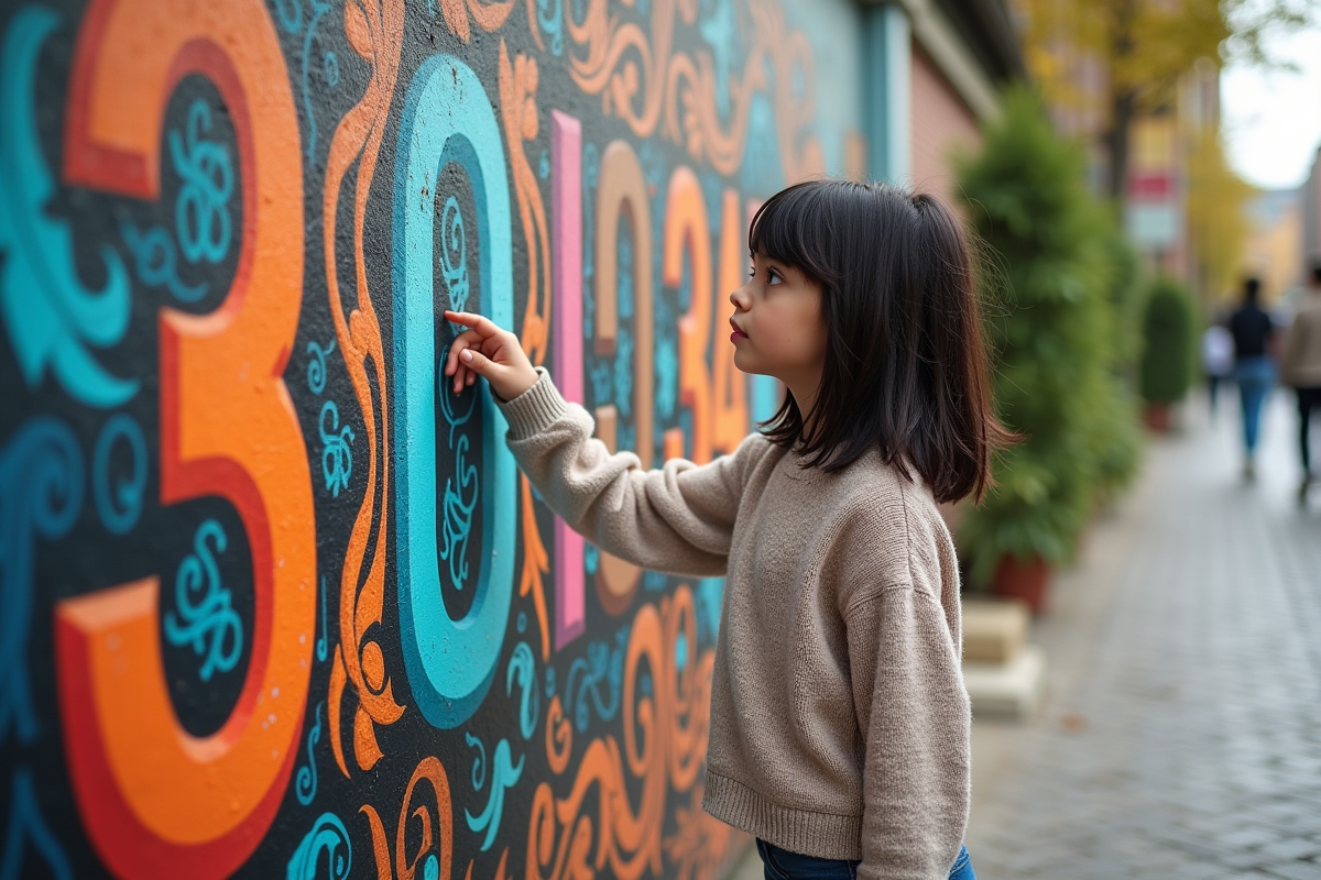 Fille regardant un mural avec des nombres sacrés