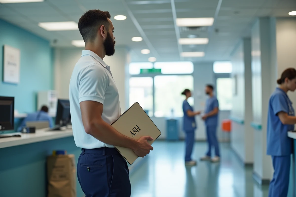 Jeune homme support hospitalier parlant avec une infirmière