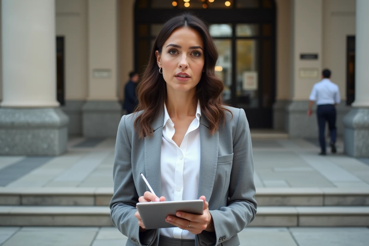 Journaliste en reportage devant un tribunal moderne