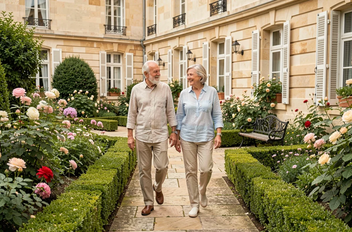Couple de seniors se promenant dans le jardin paysager de la résidence Les Girandières à Amiens